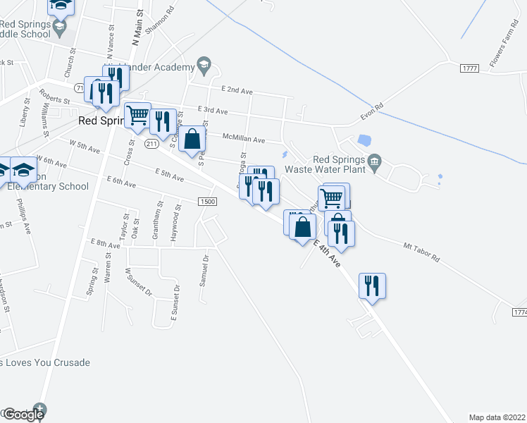 map of restaurants, bars, coffee shops, grocery stores, and more near North Carolina 211 in Red Springs
