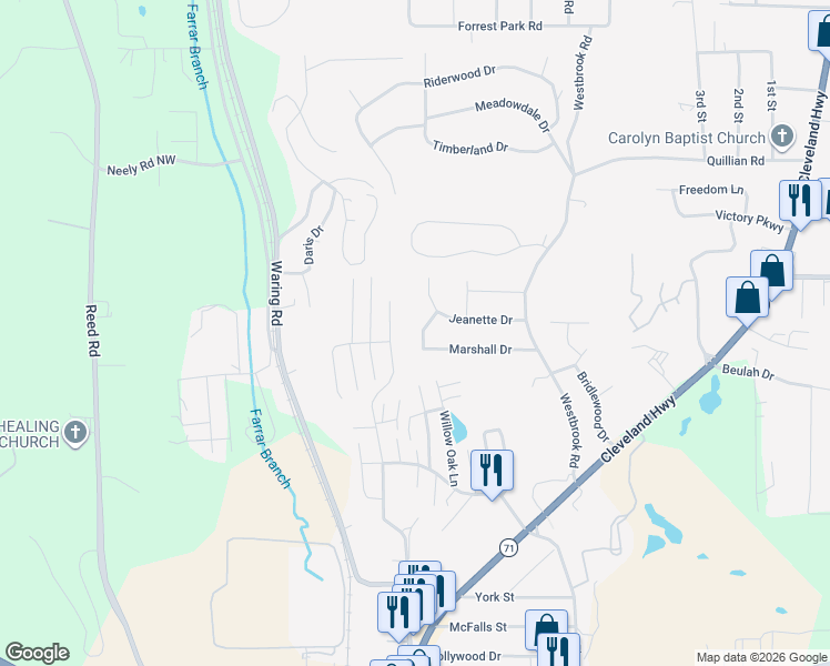 map of restaurants, bars, coffee shops, grocery stores, and more near 128 Marshall Drive in Dalton