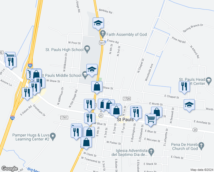 map of restaurants, bars, coffee shops, grocery stores, and more near 412 North 4th Street in Saint Pauls