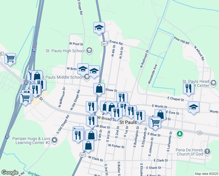 map of restaurants, bars, coffee shops, grocery stores, and more near 412 North 4th Street in Saint Pauls