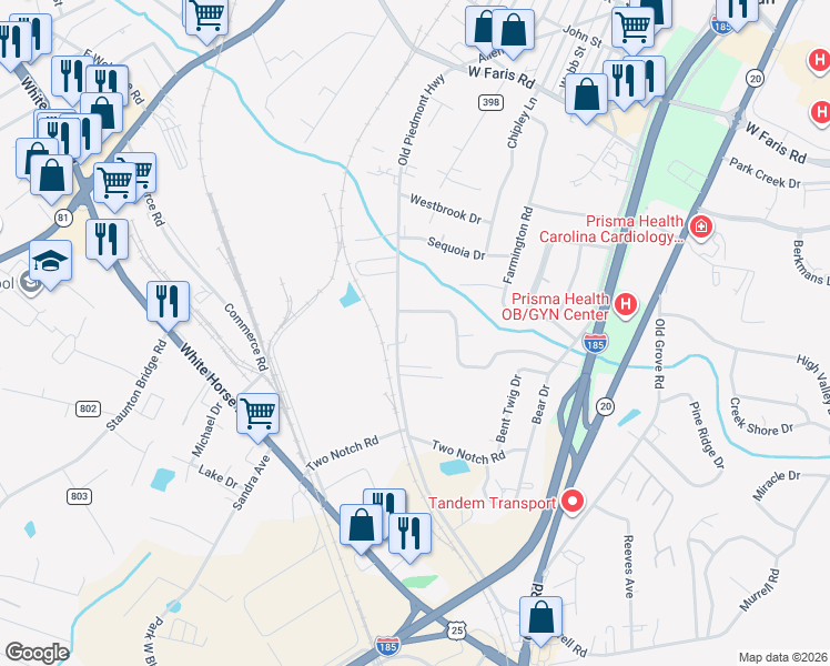 map of restaurants, bars, coffee shops, grocery stores, and more near 503 Old Piedmont Highway in Greenville