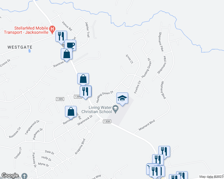 map of restaurants, bars, coffee shops, grocery stores, and more near 205 Hunting Green Drive in Jacksonville