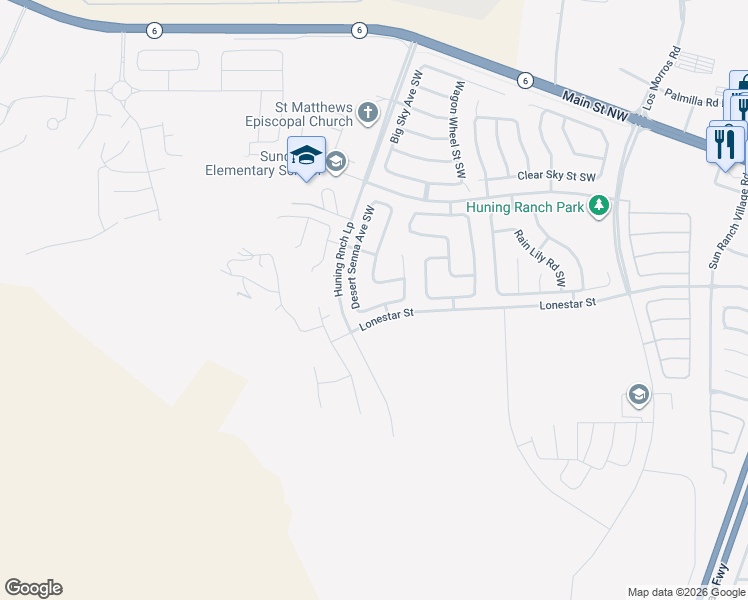 map of restaurants, bars, coffee shops, grocery stores, and more near 1000 Desert Senna Avenue Southwest in Los Lunas
