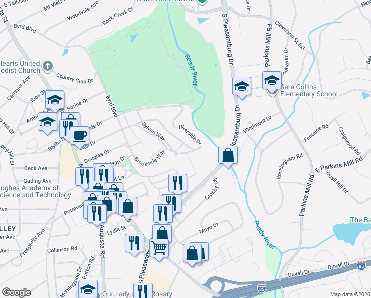 map of restaurants, bars, coffee shops, grocery stores, and more near 115 Brookside Way in Greenville