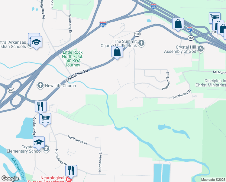 map of restaurants, bars, coffee shops, grocery stores, and more near 7005 Woodmist Street in North Little Rock