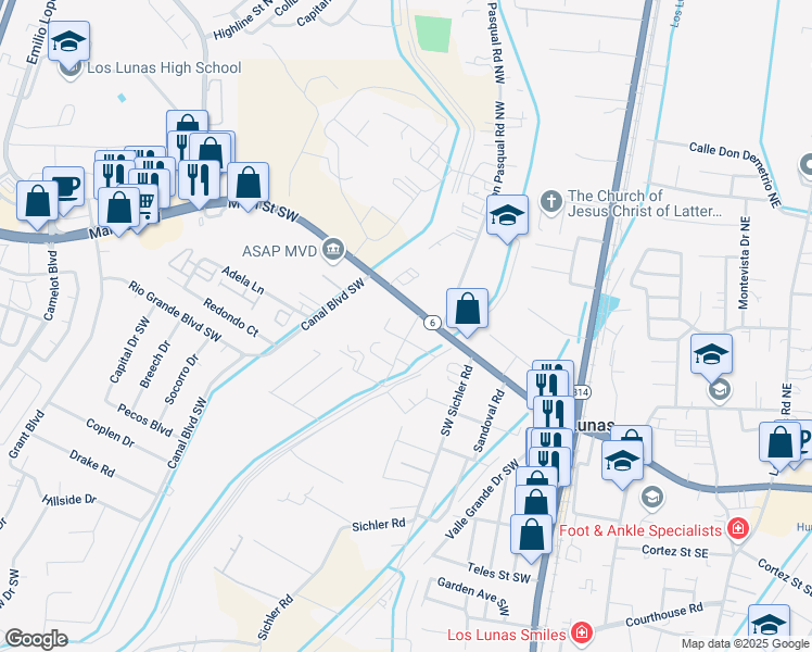 map of restaurants, bars, coffee shops, grocery stores, and more near 153 Chavez Lane in Los Lunas