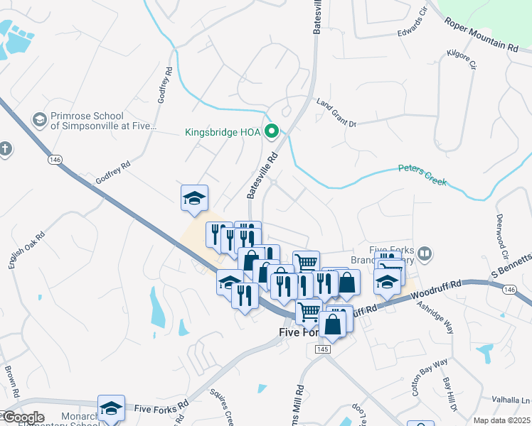 map of restaurants, bars, coffee shops, grocery stores, and more near 15 Glengrove Drive in Simpsonville