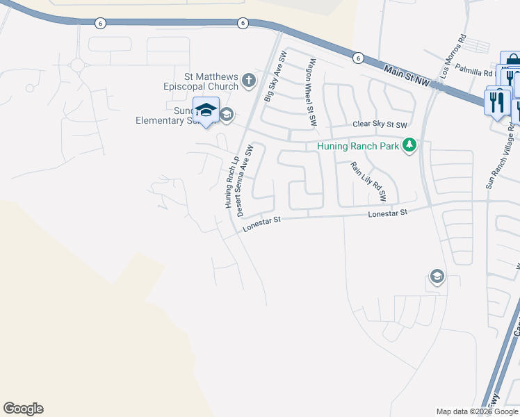 map of restaurants, bars, coffee shops, grocery stores, and more near 3321 Prairie Sage Street Southwest in Los Lunas