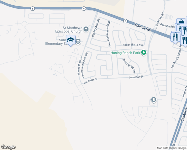 map of restaurants, bars, coffee shops, grocery stores, and more near 3321 Prairie Sage Street Southwest in Los Lunas