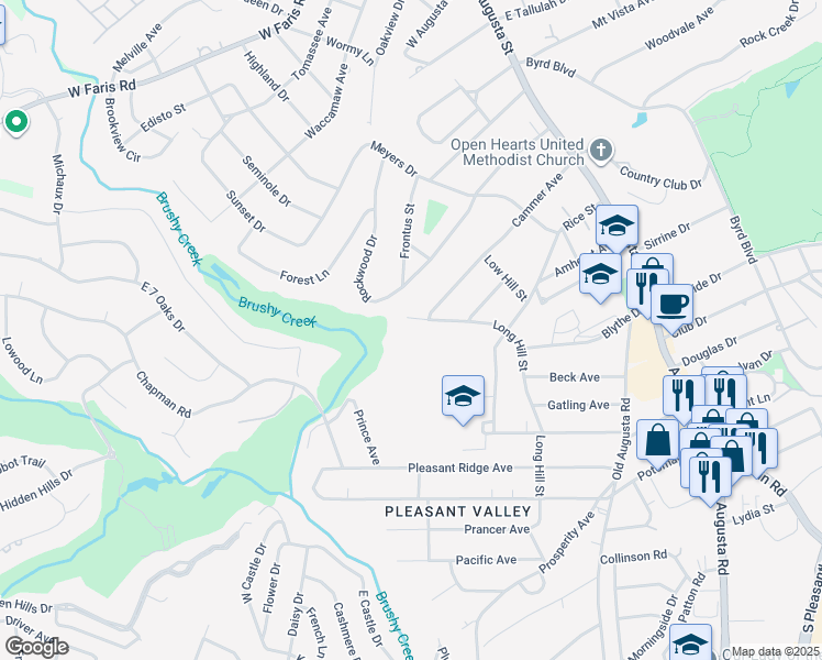 map of restaurants, bars, coffee shops, grocery stores, and more near 4 Long Hill Street in Greenville