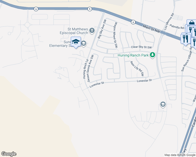 map of restaurants, bars, coffee shops, grocery stores, and more near 3321 Prairie Sage Street Southwest in Los Lunas