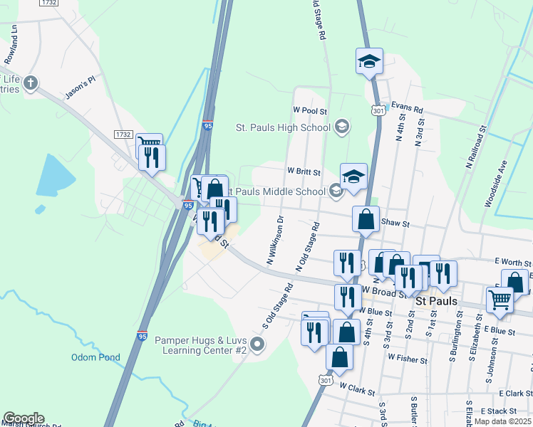 map of restaurants, bars, coffee shops, grocery stores, and more near 821 West Shaw Street in Saint Pauls