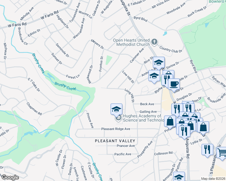 map of restaurants, bars, coffee shops, grocery stores, and more near 102 Long Hill Street in Greenville