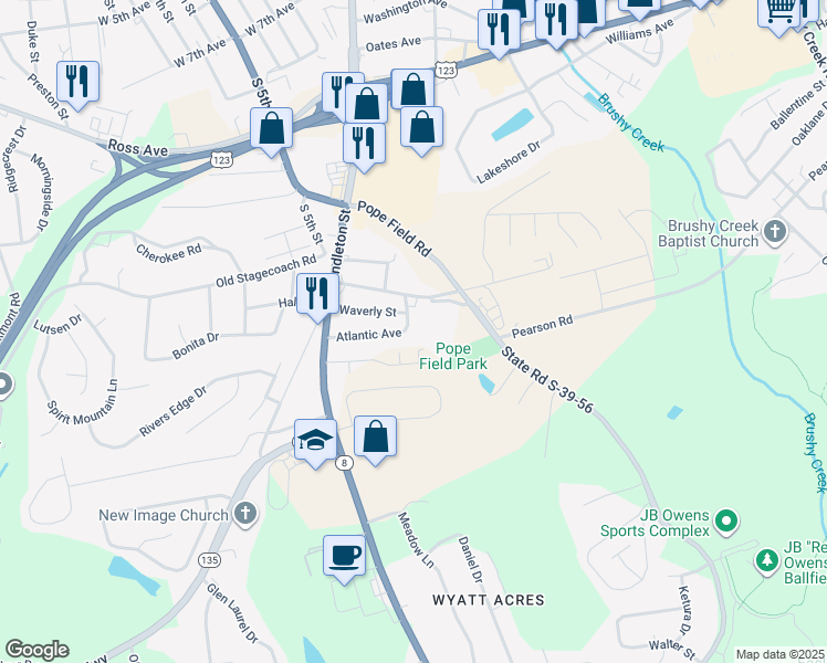 map of restaurants, bars, coffee shops, grocery stores, and more near 120 Atlantic Avenue in Easley