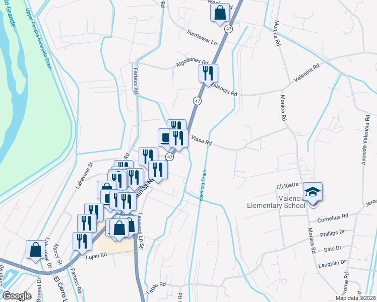 map of restaurants, bars, coffee shops, grocery stores, and more near 3471 New Mexico 47 in Los Lunas