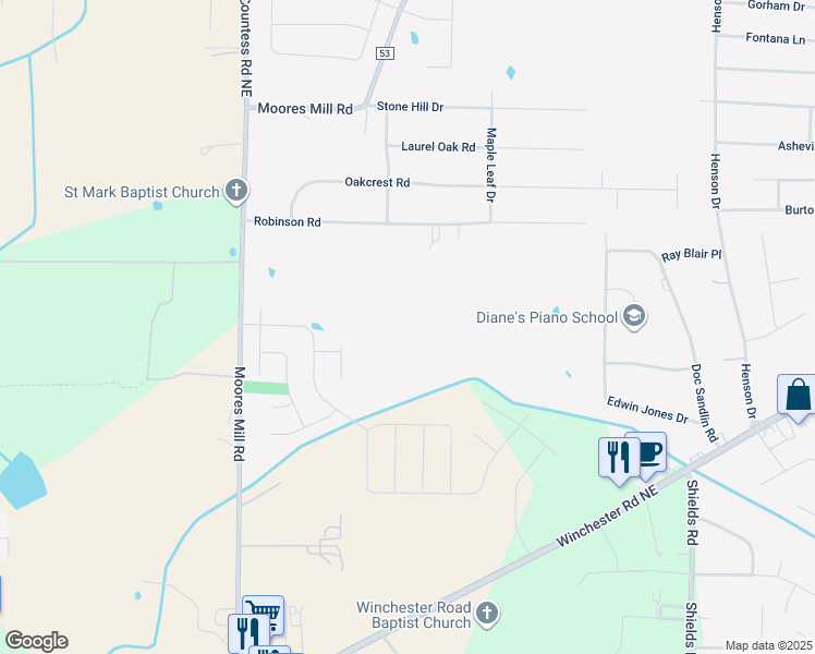 map of restaurants, bars, coffee shops, grocery stores, and more near 244 Robinson Road in Huntsville