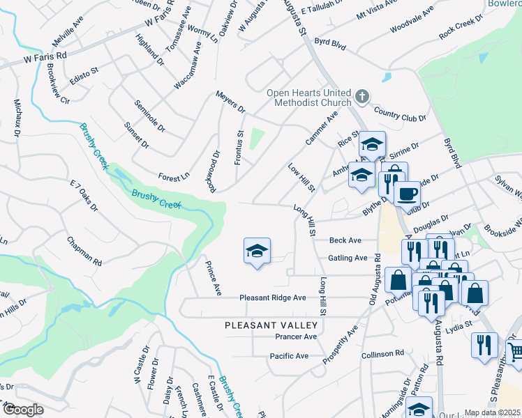 map of restaurants, bars, coffee shops, grocery stores, and more near 102 Long Hill Street in Greenville