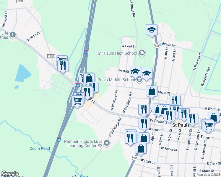 map of restaurants, bars, coffee shops, grocery stores, and more near 821 West Shaw Street in Saint Pauls