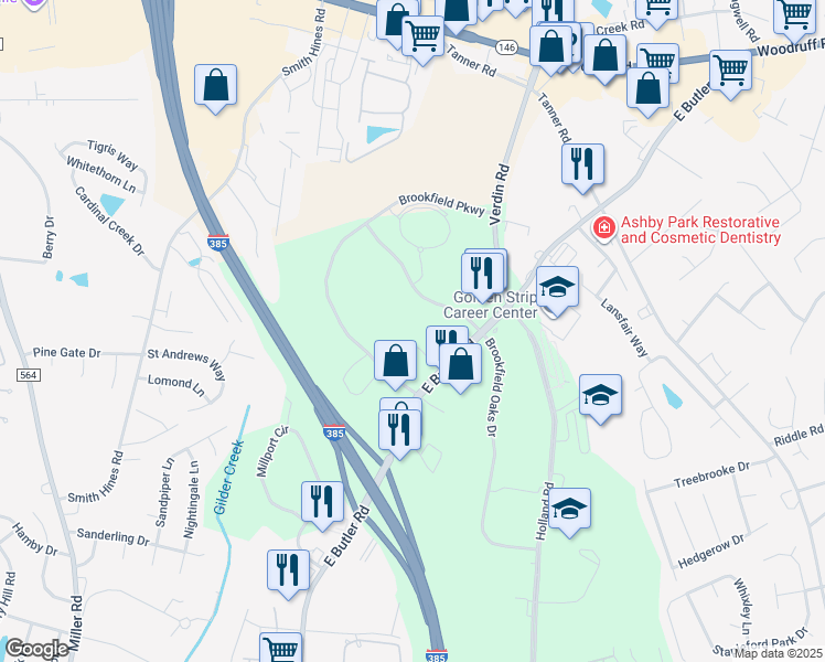map of restaurants, bars, coffee shops, grocery stores, and more near 1041 East Butler Road in Greenville