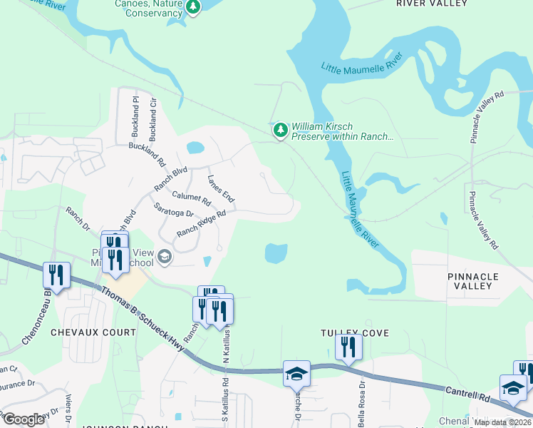 map of restaurants, bars, coffee shops, grocery stores, and more near 74 Ranch Ridge Road in Little Rock