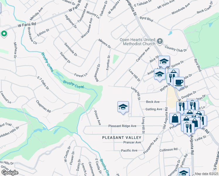 map of restaurants, bars, coffee shops, grocery stores, and more near 4 Long Hill Street in Greenville