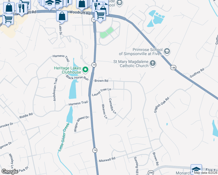 map of restaurants, bars, coffee shops, grocery stores, and more near 209 Laurel Tree Lane in Simpsonville