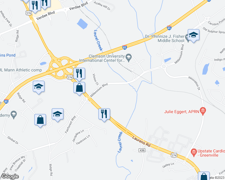 map of restaurants, bars, coffee shops, grocery stores, and more near 202 Millennium Boulevard in Greenville