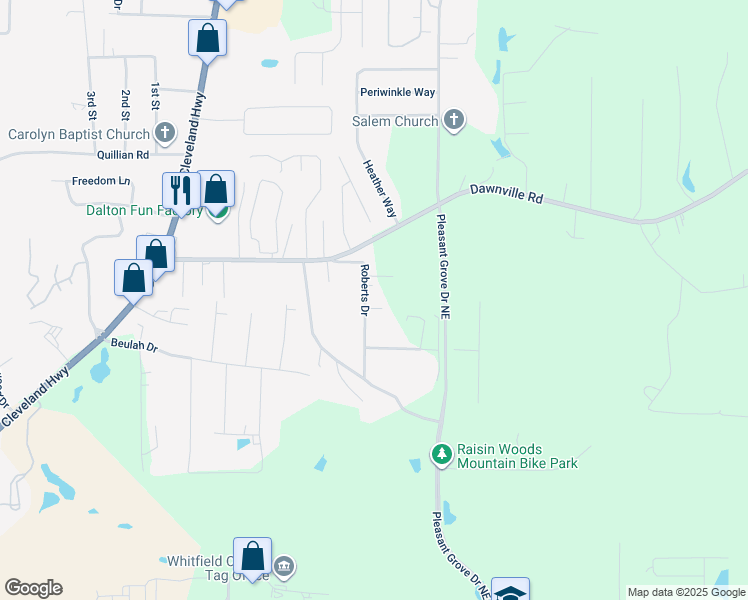 map of restaurants, bars, coffee shops, grocery stores, and more near 217 Roberts Drive in Dalton