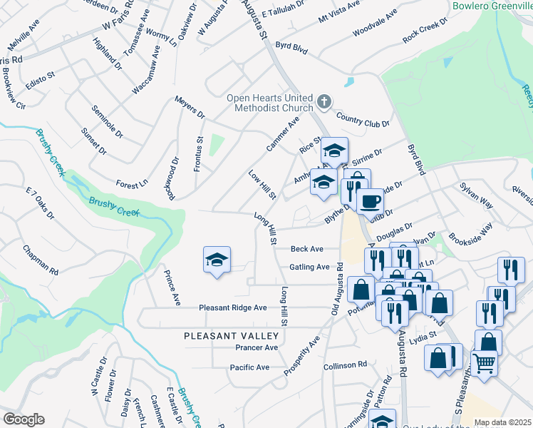 map of restaurants, bars, coffee shops, grocery stores, and more near 218 Rice Street in Greenville