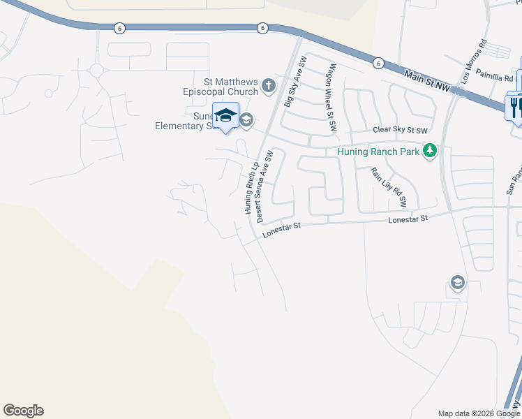 map of restaurants, bars, coffee shops, grocery stores, and more near 1000 Desert Senna Avenue Southwest in Los Lunas