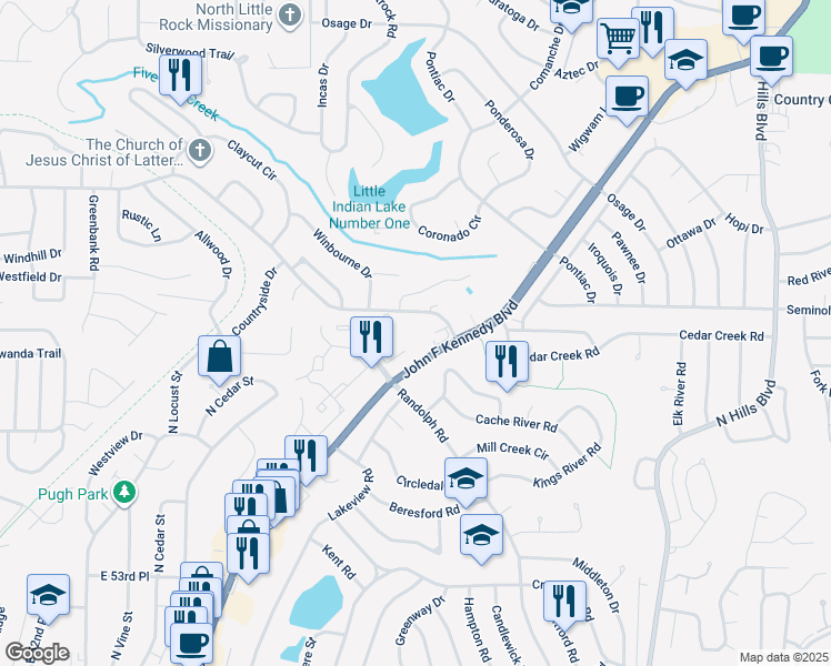 map of restaurants, bars, coffee shops, grocery stores, and more near 5961-6001 J.F.K. Boulevard in North Little Rock