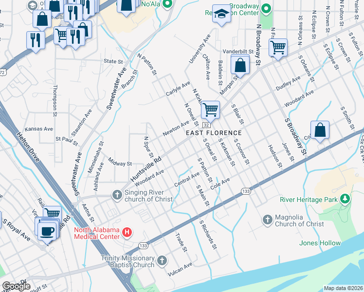 map of restaurants, bars, coffee shops, grocery stores, and more near 102 South Main Street in Florence