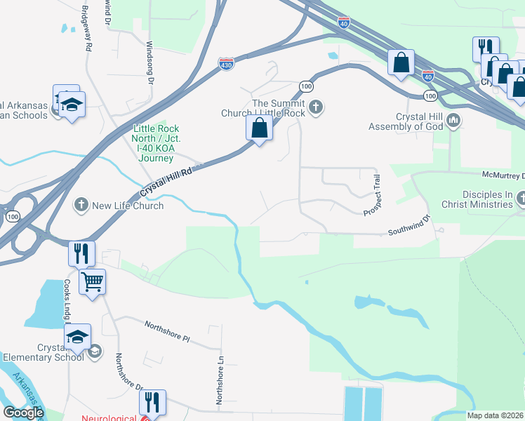 map of restaurants, bars, coffee shops, grocery stores, and more near 7005 Woodmist Street in North Little Rock