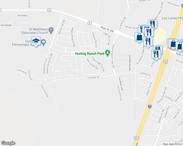 map of restaurants, bars, coffee shops, grocery stores, and more near 751 Beargrass Court Southwest in Los Lunas