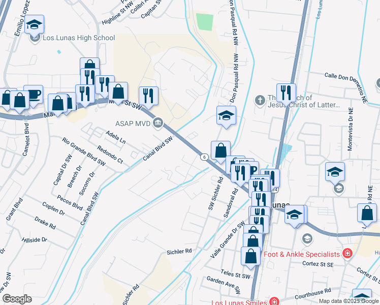 map of restaurants, bars, coffee shops, grocery stores, and more near 153 Chavez Lane in Los Lunas