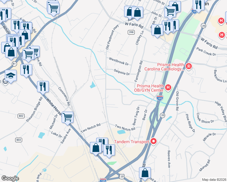 map of restaurants, bars, coffee shops, grocery stores, and more near 503 Old Piedmont Highway in Greenville