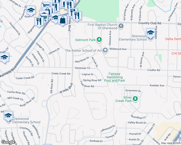 map of restaurants, bars, coffee shops, grocery stores, and more near 113 Lagrue Drive in Sherwood