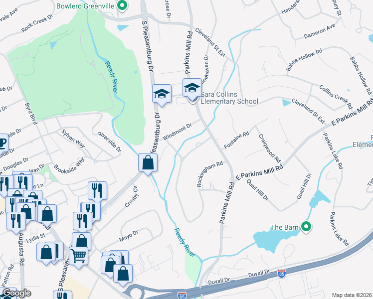 map of restaurants, bars, coffee shops, grocery stores, and more near 9 Rockingham Road in Greenville
