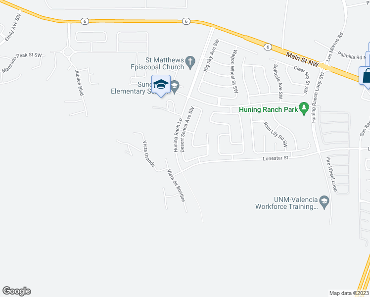 map of restaurants, bars, coffee shops, grocery stores, and more near 930 Desert Senna Avenue Southwest in Los Lunas