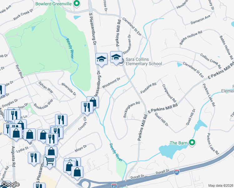 map of restaurants, bars, coffee shops, grocery stores, and more near 9 Rockingham Road in Greenville