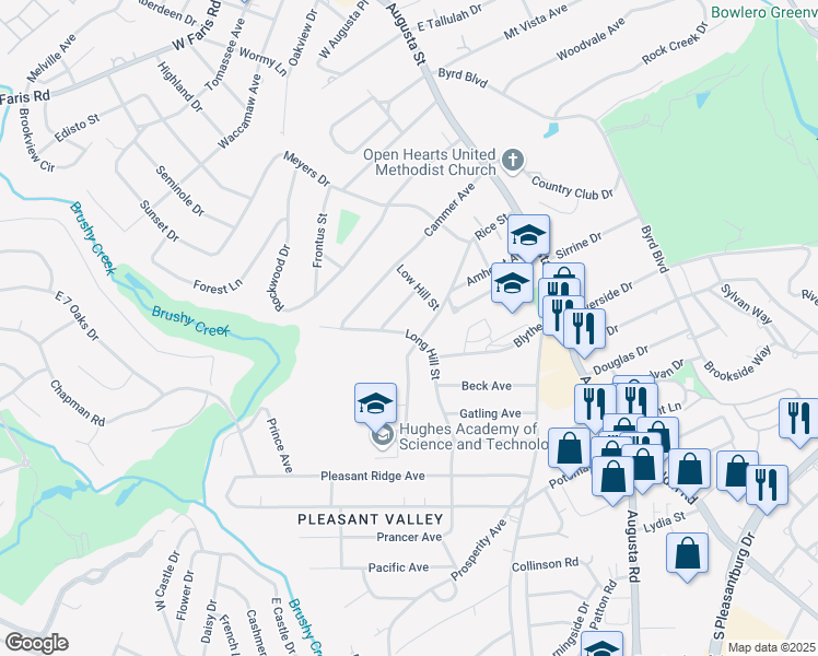 map of restaurants, bars, coffee shops, grocery stores, and more near 207 Long Hill Street in Greenville