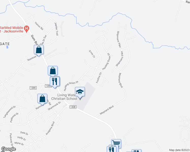 map of restaurants, bars, coffee shops, grocery stores, and more near 316 Quail Ridge Road in Jacksonville