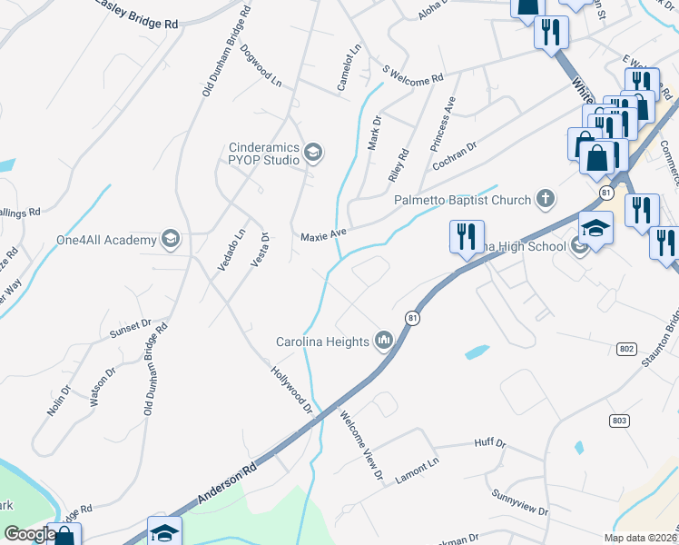 map of restaurants, bars, coffee shops, grocery stores, and more near 109 Theodore Drive in Greenville