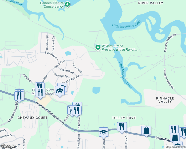 map of restaurants, bars, coffee shops, grocery stores, and more near 75 Ranch Ridge Road in Little Rock