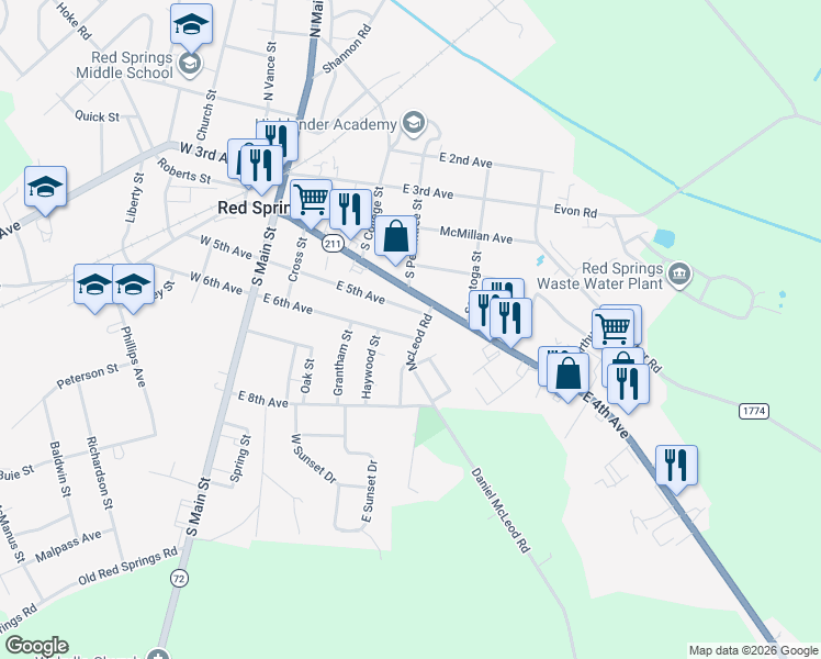 map of restaurants, bars, coffee shops, grocery stores, and more near 300 Daniel McLeod Road in Red Springs