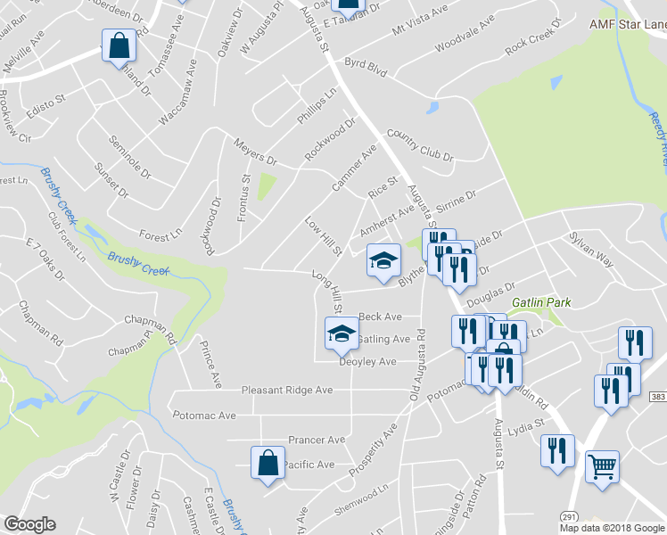 map of restaurants, bars, coffee shops, grocery stores, and more near 218 Rice Street in Greenville