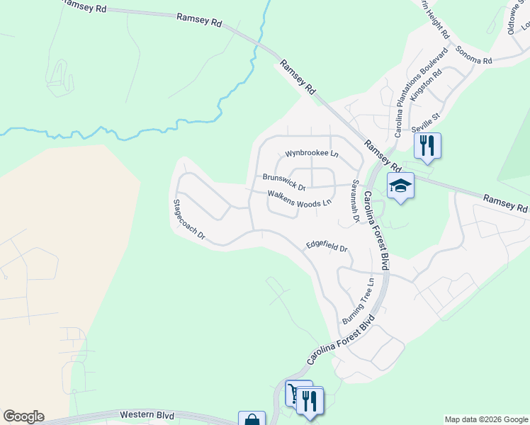 map of restaurants, bars, coffee shops, grocery stores, and more near 603 Walkens Woods Lane in Jacksonville