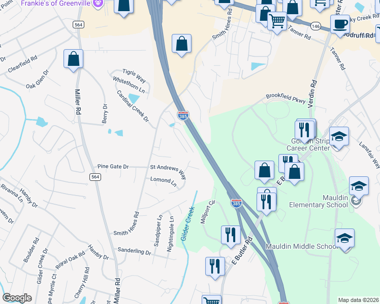map of restaurants, bars, coffee shops, grocery stores, and more near 435 Christiane Way in Greenville
