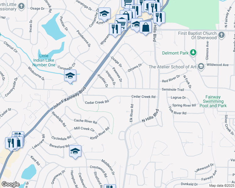 map of restaurants, bars, coffee shops, grocery stores, and more near 6201 Pawnee Drive in North Little Rock