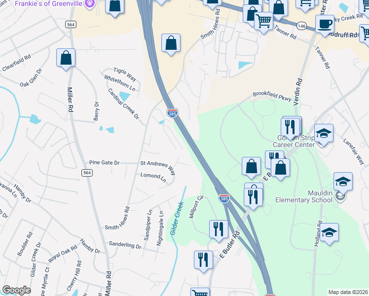 map of restaurants, bars, coffee shops, grocery stores, and more near 435 Christiane Way in Greenville